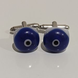 Handmade blue/white fused glass cufflinks with evil eye
